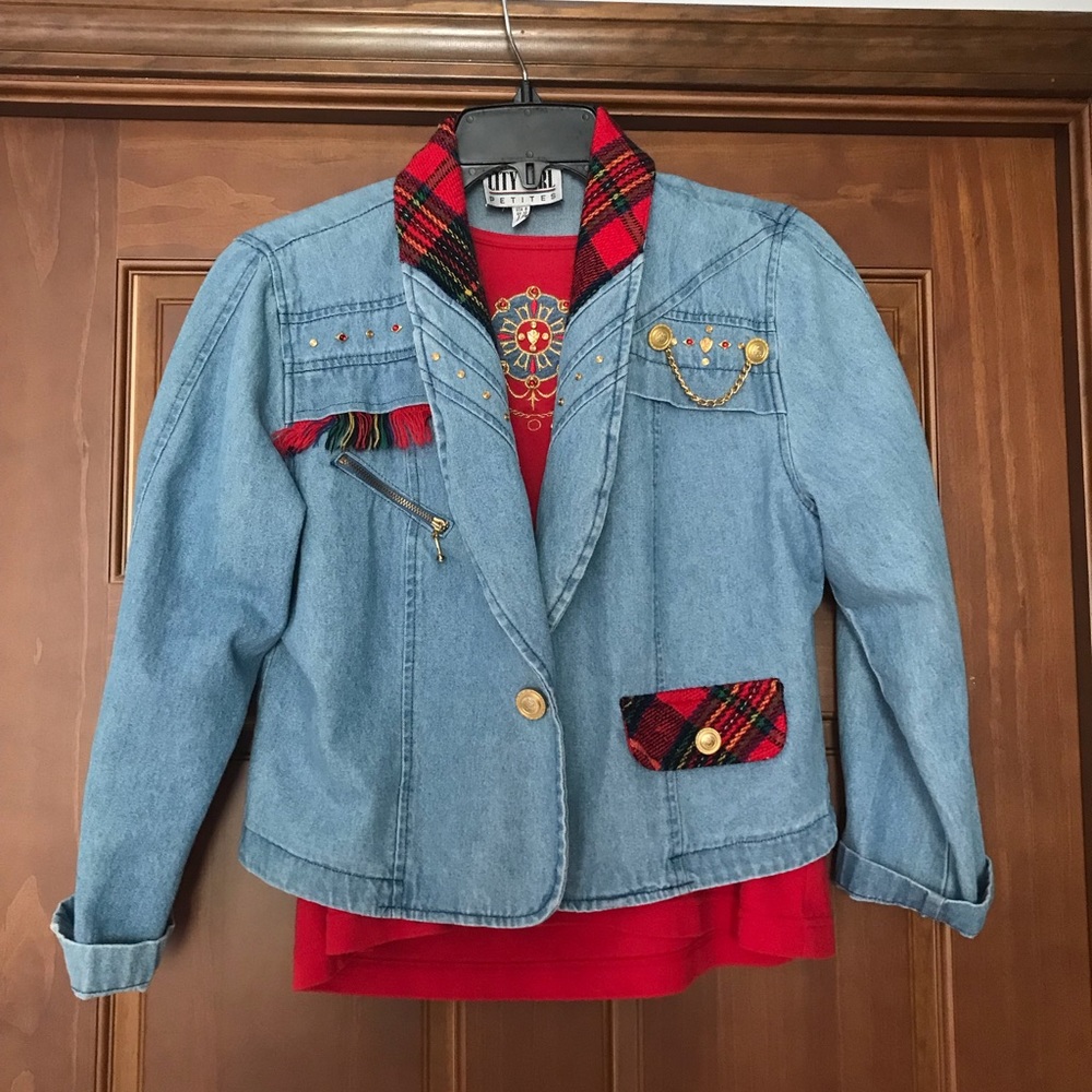 Vintage 80s Cropped Denim Jacket & Top Set, City Girl, Jean Plaid Blazer, Medium